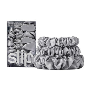 SLIP 100% Pure 22 Momme Mulberry Silk Scrunchies for Women - Back to Basics Assorted Style - Hair-Friendly + Luxurious Elastic Scrunchies Set (3 Count - Silver)