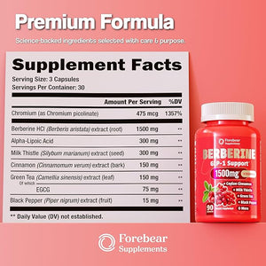 Berberine 1500mg GLP-1 Weight Loss Supplement Pills for Women &amp; Men - Appetite Suppressant with Ceylon Cinnamon, Milk Thistle, Chromium Picolinate, Green Tea &amp; Alpha Lipoic Acid - 90 Veggie Ca