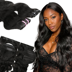 Lashey Invisi Edge &amp Seamless Clip in Hair Extensions Human Hair 16 Inch 110g 7pcs(5pcs Invisi Edge&amp 2pcs Seamless) Real Virgin Human Hair Extensions Natural Black Body Wave Hair