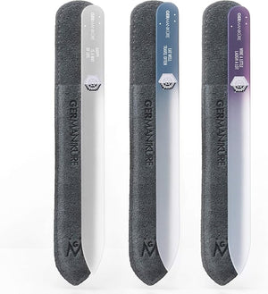 GERMANIKURE Czech Crystal Glass Nail File 3 Pack in Suede Sleeves - Professional Manicure &amp Pedicure Products for Smooth Easy Shaping of Natural Nails - Ideal Nail Care Gift