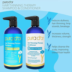PURA D'OR Hair Thinning Therapy Biotin Shampoo and Conditioner Set CLINICALLY TESTED Effective Results Hair Thickening Products For Women &amp Men Natural Routine Color Safe 16oz x2