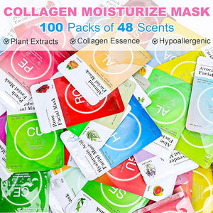 VESPRO 100 Pack Collagen Essence Sheet Facial Masks Bulk Face Masks Skincare Hydrating Face Masks for All Skin Types Moisturizing and Soothing Skin Care Spa Face Mask