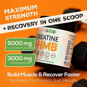 LIVEGOOD Creatine + HMB Powder Unflavored Organic Creatine Monohydrate for Strength Recovery Brain Function &amp Muscle Growth HMB Supplement Built on Clean Ingredients ? 30 Servings