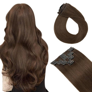Hairro Clip in Hair Extensions 18 Inch 70g Real Human Hair 8pcs 18 Clips Long Straight Human Hair Thin Clip on Hairpieces Machine Weft for Women Cocoa Brown