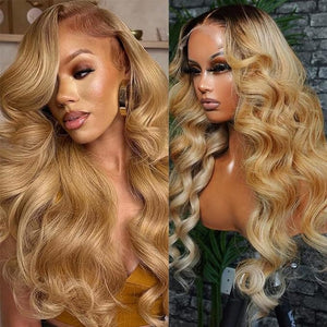 Ombre Lace Front Wig Human Hair 32 Inch 13x6 Body Wave Chocolate Brown to Honey Blonde Lace Frontal Pre Plucked with Baby Hair Curly Wavy Glueless Wigs for Black Women 4T27 180% Density Bleached Knots