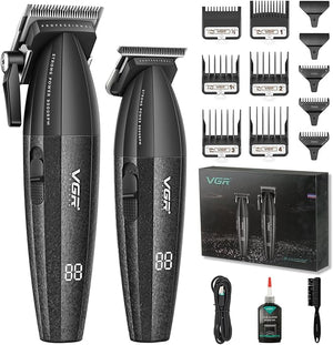 VGR 640 Professional Hair Clippers for Men 9000RPM Cordless Barber Clippers and Trimmers Set Zero Gap T-Blade Hair Cutting Kit DLC Coated Ceramic Blade Barber Kit with LED Display(Black)
