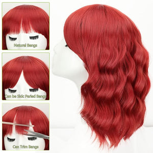 AISI HAIR Red Synthetic Wavy Curly Bob Wig with Bangs Short Wavy Hair for Women Synthetic Heat Resistant Bob Wigs