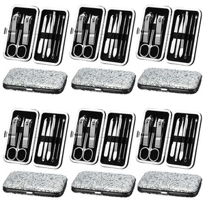 Geosar 12 Set Christmas 8 in 1 Manicure Set Christmas Stainless Steel Nail Clippers Kit Pedicure Care Tools with Leather Case Travel Grooming Kit Gift for Women Men(Glitter Silver)