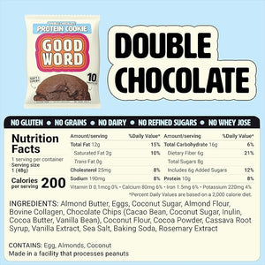 Double Chocolate Protein Cookie Soft &amp Chewy High Protein Snack Gluten-Free Grain-Free Dairy-Free No Seed Oils No Refined Sugars Made with Almond Butter &amp Collagen 12-Pack