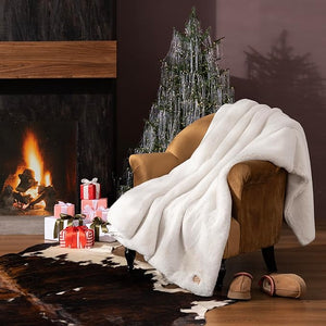 UGG Euphoria Plush Faux Fur Throw Blanket, Warm Fluffy Throw for Couch or Bed, Luxury Bedroom Decor, Christmas Fluffy Blankets, Machine Washable, 50-inch x 70-inch, White Snow