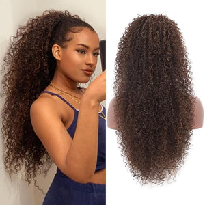 Kalyss Drawstring Ponytail for Black Women Deep Curly Ponytail Extension Synthetic Blended Afro Kinky Curly Pony Tail Hairpieces for Women 27 Inches £¨Brown£©