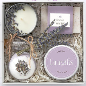 Lavender Small Spa Gift Box for Women ? Relaxing Self Care Set with Candle, Bath Bomb, Soap &amp; Scrub ? Birthday, Thank You, Christmas, Housewarming, Bridal Shower, Get Well Soon Gift Basket for Her