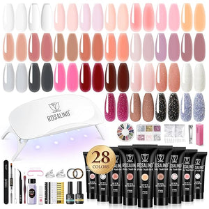 ROSALIND 28 Colors Poly Nail Gel Kit with Mini U V/LED Lamp White Nude Poly Nails Gel Kit Starter Kits With Slip Solution Pink Extensions Set for Nail Manicure Beginner