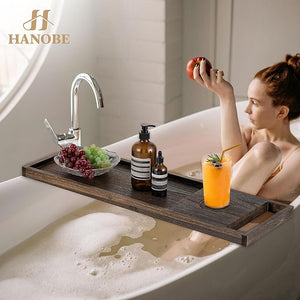 Hanobe Bathtub Tray Bath Caddy: 31 Wooden Tub Shelf with Handles Simplicity Farmhouse Rustic Wood Board for Bathroom Organizer Home SPA