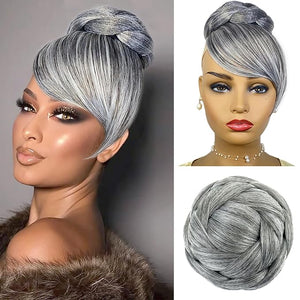 Quick Bun and Bang Set 2PCS - L Szie Salt and Pepper Grey Braided Bun with Swoop Side Bang Updo Braid Chignon Scrunchie Hair Piece for Black Women