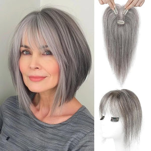 REECHO Hair Toppers for Women Real Human Hair Seamless Human Hair Toppers with Bangs 360¡Æ 3D Cover Clip in Bangs Hair Extensions for Daily Wear Dark Gray