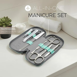 Manicure Set Solingen Made in Germany - 7 Piece Exclusive Finger &amp Toe Nail Clippers Kit for Women and Men in Real Leather Case Color Mint