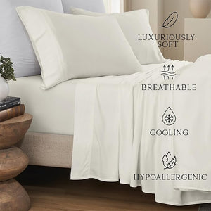 KARISSA MAE Cooling Bamboo Viscose Cal King Sheet Set | 100% Organically Grown | 18¡± Deep Pocket | Silky Soft &amp Hypoallergenic | with Organizer Band &amp Elastic Corner Straps [Ivory]
