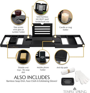 Temple Spring Wooden Bathtub Tray Bamboo Bathroom Accessories Bath Tray for Tub at Home Spa Essentials Board for Tub Table Bath Caddy for Bathtub Accessories &amp Bathroom Essentials ? Black