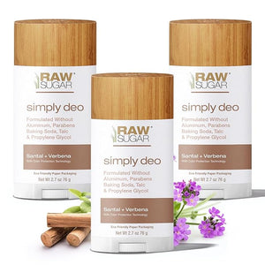 RAW SUGAR Aluminum Free Deodorant Stick Simply Deo Bundle (Pack of 3) Whole Body Deodorant for Women &amp Men Clean Formulated without Baking Soda Talc &amp Parabens Santal + Verbena Scent