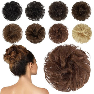 FESHFEN Women's Medium Auburn Wavy Curly Human Hair Messy Bun Hairpiece 100% Real Hair Easy to Use Suitable for All Occasions