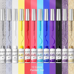RARJSM Nail Art Gel Liner 12 Colors Painting Nail Gel Polish Set Red Yellow Blue Primary Color Collection Purple Glitter Silver Champagne Gold Drawing Gel Nail Polishes Nail Design
