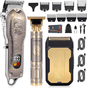 Professional Hair Clipper Set, Men's Hair Clipper, T-Shaped sideburn Trimmer, Electric Shaver, Beauty Salon kit for Hair Cutting and Shaving. (Gold)
