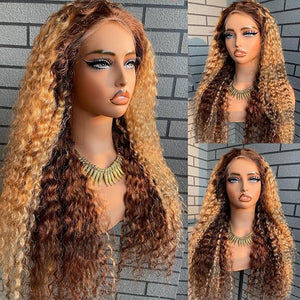 MEGOOD 250% Density 13x6 Highlight Ombre Lace Front Wig Human Hair 13x6 HD Honey Blonde 4/27 Curly Wig Human Hair Pre Plucked Deep Wave Lace Front Wigs Human Hair Colored Wigs 28Inch