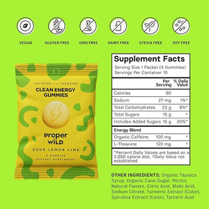 Proper Wild Vegan Energy Gummies with L-Theanine &amp; Organic Caffeine, Clean Energy &amp; Focus, Plant-Based, Gluten-Free, Non-GMO, Dairy-Free, Stevia-Free, Soy-Free, Sour Lemon Lime (10-Pack)