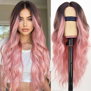AISI HAIR Ombre Pink Wig for Women Long Wavy Lace Hairline Middle Part Synthetic Heat Resistant Wig for Daily Party-26 Inch