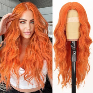 AISI HAIR Orange Wig for Women Long Wavy Lace Hairline Middle Part Synthetic Heat Resistant Wig for Daily Party-26 Inch