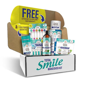 GuruNanda Total Smile Makeover Kit Regular with Cocomint Oil Pulling Dual Barrel Whitening Mouthwash Whitening Strips &amp Butter on Gums Toothbrushes