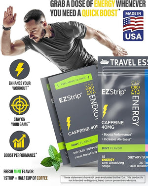 Travel Pack with Energy &amp Sleep Supplements - 30 Count - Portable Pack with Caffeine Strips for Energy and Melatonin Strips for Sleep Support During Travel - Made in USA Sugar &amp Gluten Free