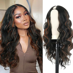 KRSI Highlights Brown V Part Wig Upgrade U Part Wigs Clip in Synthetic Hair Replacement Wig Long Curly Wavy V Part Half Wigs for Black Women
