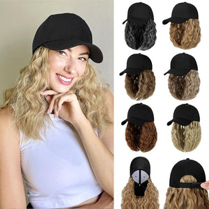 Baseball Hat WigHat with Hair attached 16'' Adjustable Black Cap with Wavy Curly Synthetic Bob Hair Extensions for Women Girls(Light Brown Mix Ash Blonde)