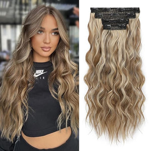 REECHO Clip in Hair Extensions 4PCS Hair Extensions 24 Thick Long Beach Waves hair extensions HE003 Invisible Lace Weft Natural Soft Hairpieces for Women (Dark Ash Brown with Highlights)