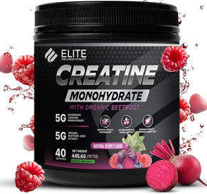 Elite Wellness Berry Flavor Creatine Monohydrate with Organic Beetroot Supplement - Supports Muscle Strength Stamina Cognitive Function &amp Athletic Performance Gluten &amp Dairy Free NSF Quali