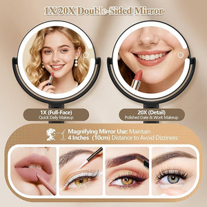Makeup Mirror with Lights, Double Sided 1x/20x Magnifying Mirror with Light, Rechargeable 3 Color Lights and Adjustable Brightness, 360¡Æ Rotation Detachable Comes with Tweezer(Black)