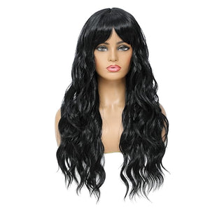 SWACC Long Curly Wavy Wig with Bangs Synthetic Hair Wig for Women with Wig Cap (Black)