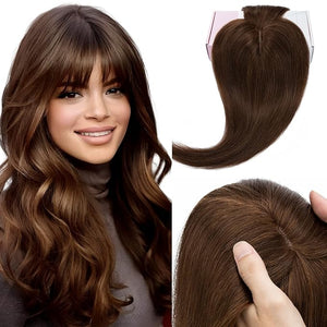 Elailite Hair Toppers for Women Real Human Hair Topper with Bangs Thinning Thin 5.1"x2.8" Silk Base Clip in Remy Hairpieces 10 Inch Chocolate Brown