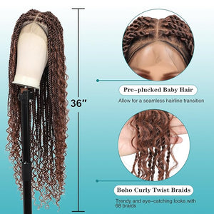 Kalyss HD Full Lace Boho Braided Wigs for Women 360 Lace Front Twist Braided Wigs with Baby Hair Brown Premium Synthetic Knotless Braid Wig 36"