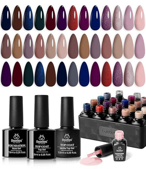 Beetles Gel Nail Polish Set Manhattan Collection 20 Colors Burgundy Red Brown Gold Champagne Glitter Winter Gel Polish Soak Off UV Glossy &amp; Matte Top Base Coat Home Salon Diy Christmas Gifts for W