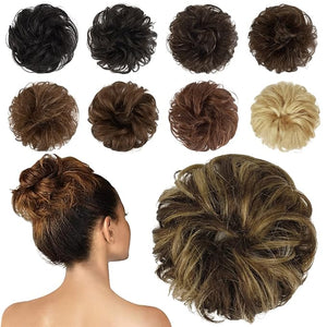 FESHFEN Human Messy Buns - 100% Human Hair Bun Real Scrunchies Hair Pieces Ponytail Extensions Wavy Tousled Updo Chignon Hairpieces for Women Brown Mixed Blonde