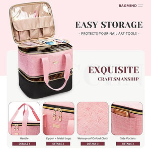 Nail Polish Organizer, Double Layer Nail Organizer and Storage Box Holds 42 Bottles &amp; Nail Tech Kit Supplies, Large Capacity Nail Polish Organizer Case Carrying Bag