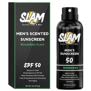 SLAM WoodsMan Men's Scented Sunscreen Spray SPF 50 ? Broad Spectrum Sun Screen for Face &amp Body Waterproof &amp Sweat Resistant Spray Sunscreen SPF 50 UVA/UVB Protection Mens Sunblock