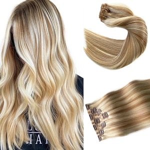 Seamless Clip in Hair Extensions Strawberry Blonde Balayage Highlights Clip in Hair Extensions Real Human Hair 7pcs 100G 14 Inch Clips Hair Extension Remy Human Hair for Women