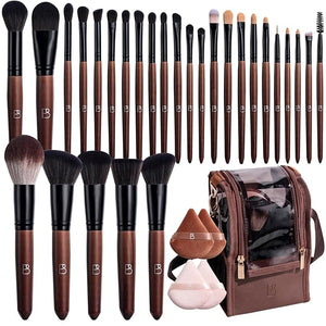 BS-MALL Professional Makeup Brush Set 28 Pcs With Travel Makeup BagConcealer Brush Foundation Brush Blush Brush 4 Pcs Triangle Puff &amp makeup sponges for Flawless beauty on the Go