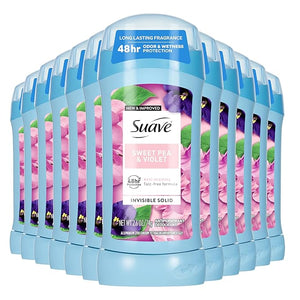 Suave Antiperspirant Deodorant For Women Invisible Underarm Deodorant 48hr Odor &amp Wetness Protection Sweet Pea &amp Violet Fragrance Sensitive Skin Deodorant Solid Stick 2.6 oz (12 Bulk Pac