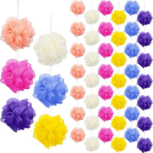 50 Pieces Bath Sponge Shower Loofahs Bulk Bath Luffas Exfoliating Body Scrubber Pack Colorful Mesh Balls Travel Cleaning Wash Puff Bathing Accessories for Kids Women Men Body Wash 6 Colors