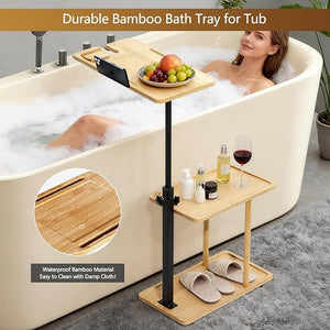 3 Layer Bathtub Tray TableBamboo Swivel Bathtub Side Table Height AdjustableFreestanding Bathtub Tray for Tub Against WallBathtub Accessories&ampBathroom Organizer for Luxury Home Spa (Natural1)